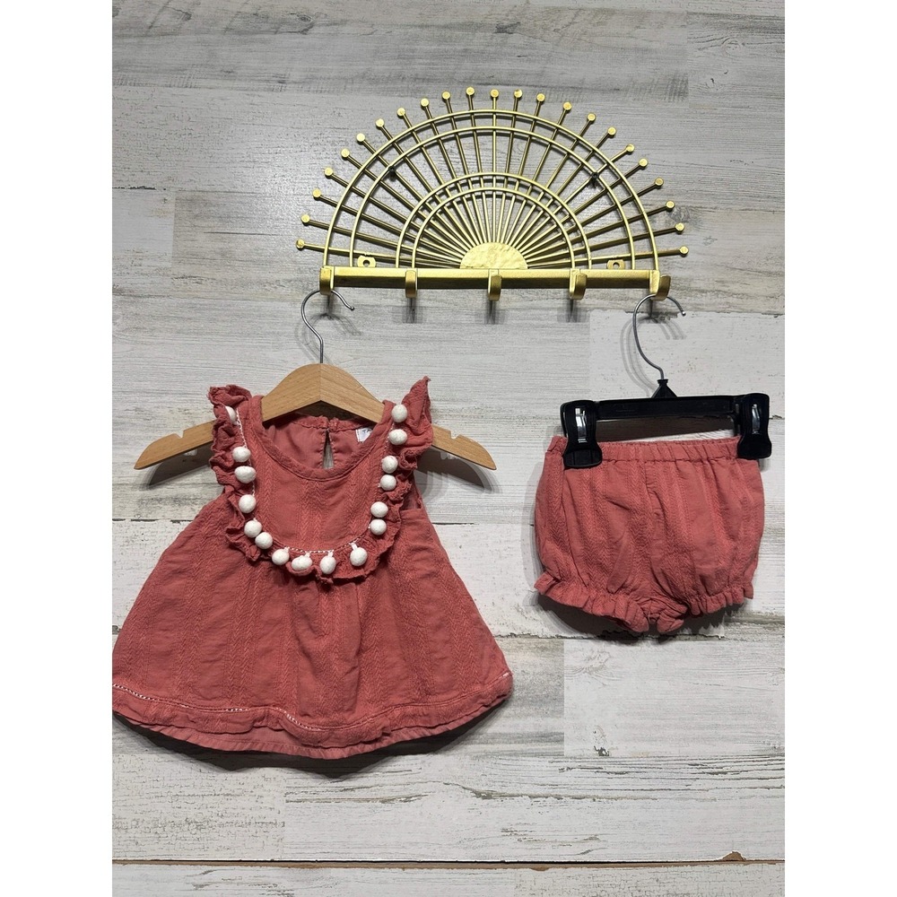 Tahari 2PC Top Bloomers Set Girls 3-6M Rose Pom Pom Ruffle Boho EUC